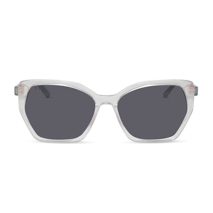 diff eyewear featuring the maisie cateye prescription sunglasses with a opalescent pink frame and grey prescription lenses front view