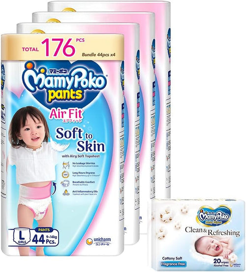 MamyPoko Air Fit Girls Pants Baby Diapers L 9to14kg 44 Pcs X 4 Packs