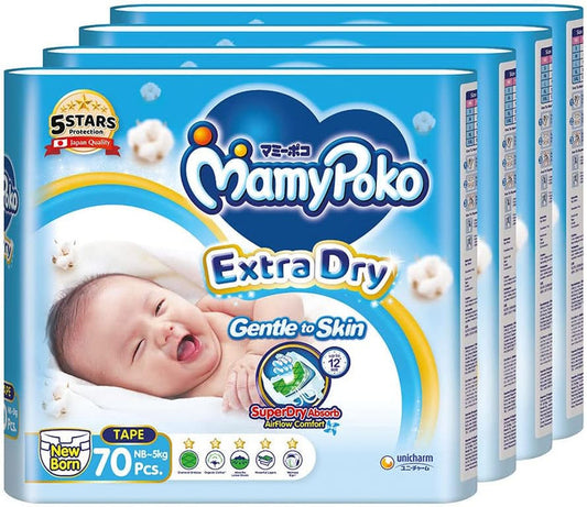 MamyPoko Extra Dry Tape Baby Diapers Newborn NB 5kg 70 Pcs X 4 Packs Carton