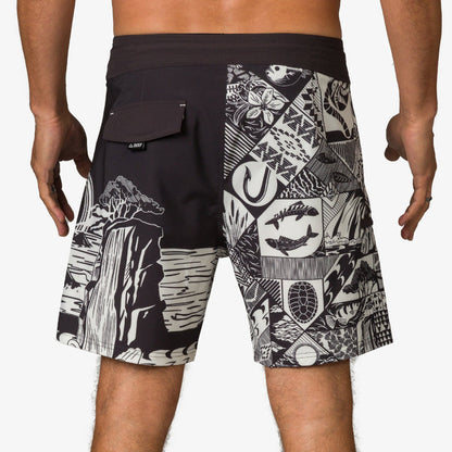 Rear view of men's Marshall Boardshort featuring black and white patchwork design, lightweight and water-friendly fabric for beach comfort.