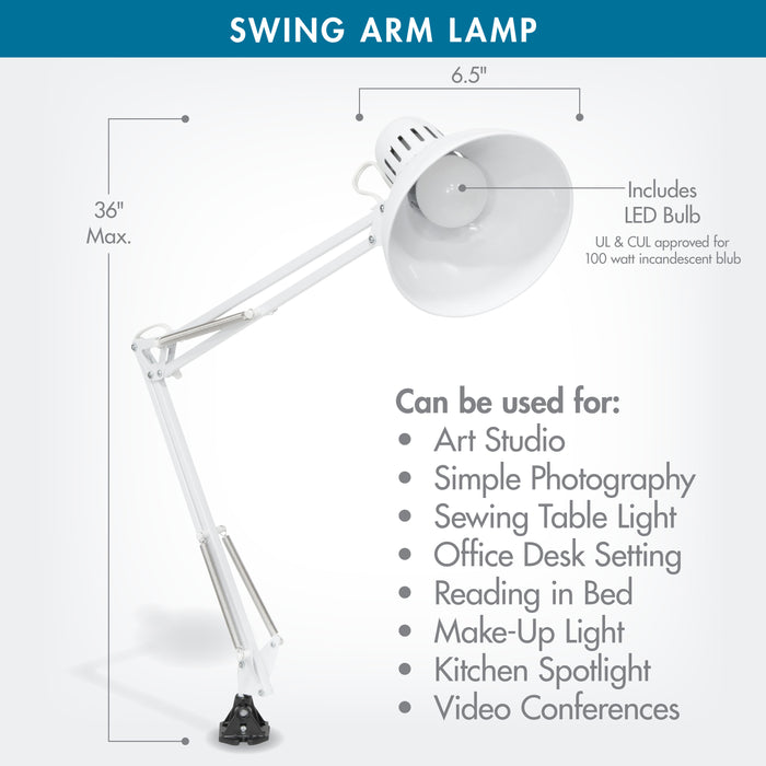 Metal Swing Arm Clamp Lamp for Drafting/Drawing/ Adjustable Top Tables with LED Bulb Included White- 12024