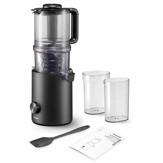 Black juicer with clear container and accessories on a white background