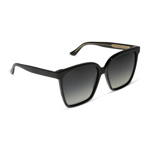 iconica diff eyewear naomi square oversized sunglasses with a black acetate frame and grey gradient polarized lenses angled view