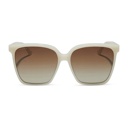 iconica diff eyewear naomi square oversized sunglasses with a meringue cream colored acetate frame and brown gradient polarized lenses front view