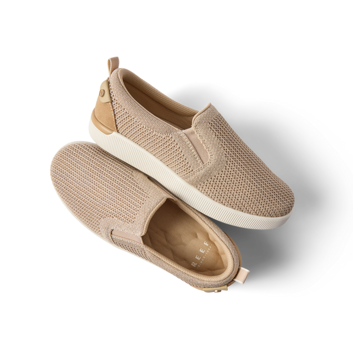 Neptune Elyse women's slip-on shoes in beige knit, top view and side facing right, featuring soft cushioning and arch support.