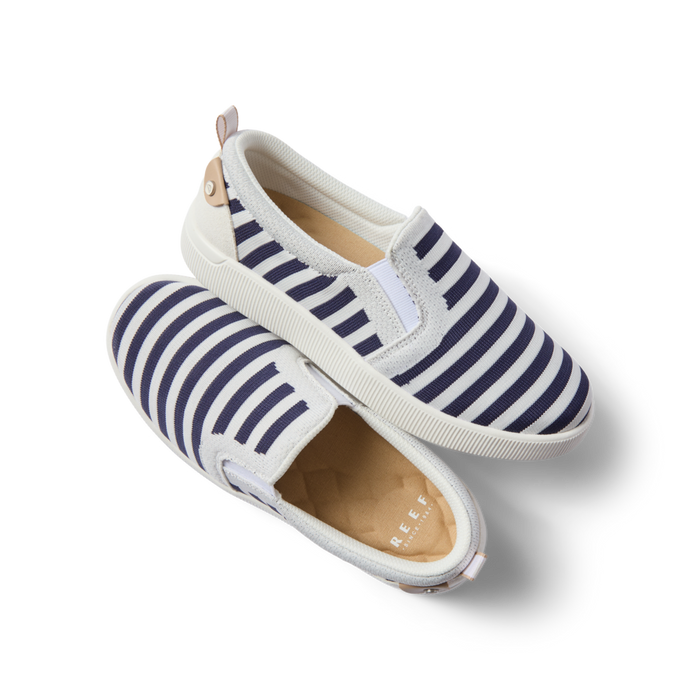 Neptune Elyse women's slip-on shoes with navy white stripes, showing top and side views, beach-inspired comfort design.