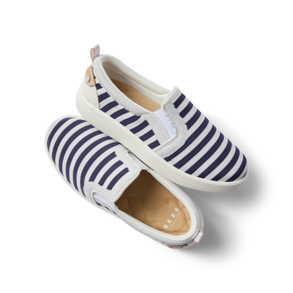 Neptune Elyse women's slip-on shoes with navy white stripes, showing top and side views, beach-inspired comfort design.