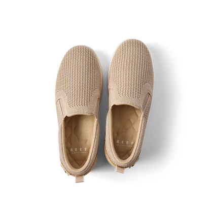 Neptune Elyse slip-on shoes in beige, top view showing breathable knit upper and cushioned insoles for all-day comfort.