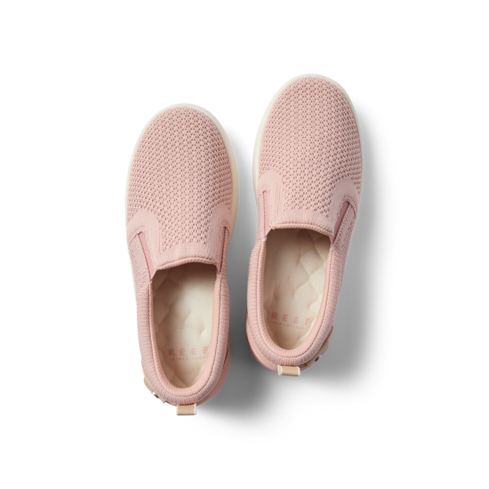 Neptune Elyse women's pink slip-on sneakers top view showing cushioned footbeds and breathable knit upper facing upward.