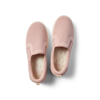 Neptune Elyse women's pink slip-on sneakers top view showing cushioned footbeds and breathable knit upper facing upward.