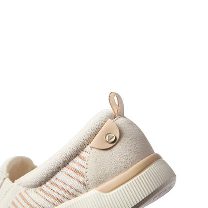 Neptune Elyse women's shoe close-up of tan striped heel facing right with soft-rebound cushioning and arch support