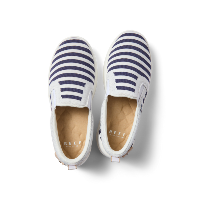 Top view of Neptune Elyse women's slip-on sneakers in navy and white stripes with anatomical arch support and cushioning.
