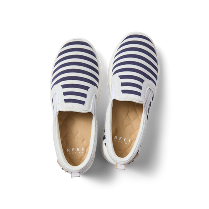 Top view of Neptune Elyse women's slip-on sneakers in navy and white stripes with anatomical arch support and cushioning.