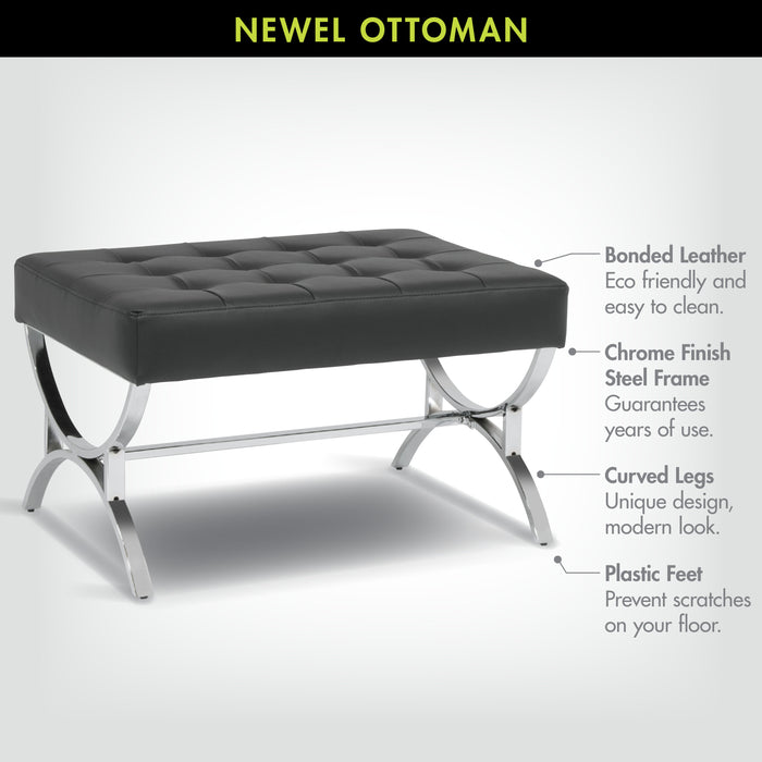 Newel Modern Square Ottoman Blended Leather and Chrome Metal Frame, Chrome / Black 72050