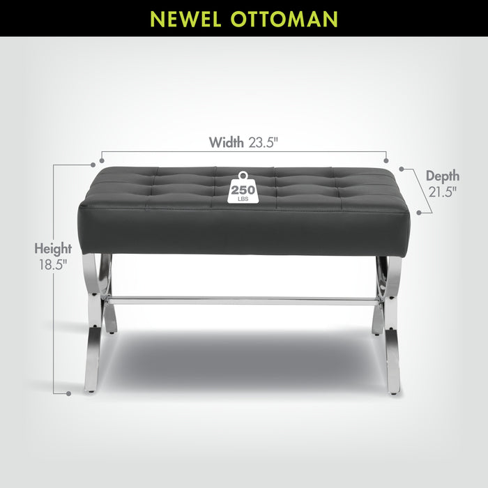 Newel Modern Square Ottoman Blended Leather and Chrome Metal Frame, Chrome / Black 72050