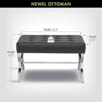 Newel Modern Square Ottoman Blended Leather and Chrome Metal Frame, Chrome / Black 72050