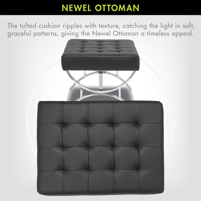 Newel Modern Square Ottoman Blended Leather and Chrome Metal Frame, Chrome / Black 72050