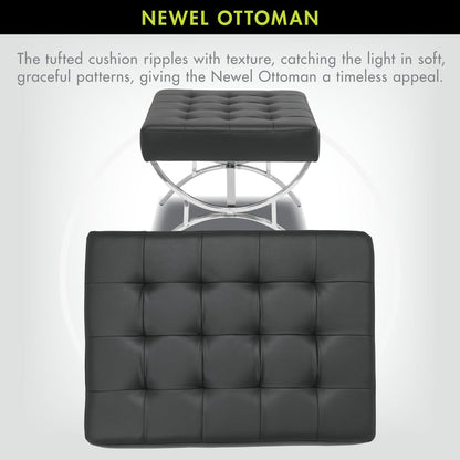 Newel Modern Square Ottoman Blended Leather and Chrome Metal Frame, Chrome / Black 72050