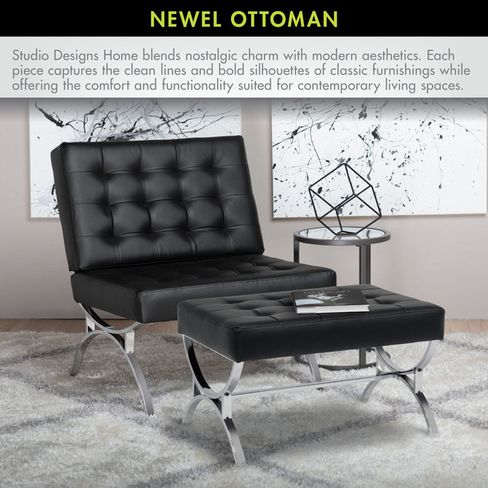 Newel Modern Square Ottoman Blended Leather and Chrome Metal Frame, Chrome / Black 72050