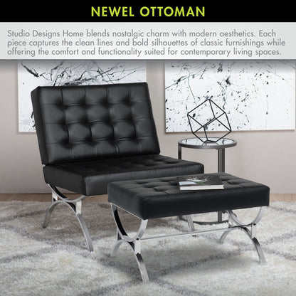Newel Modern Square Ottoman Blended Leather and Chrome Metal Frame, Chrome / Black 72050