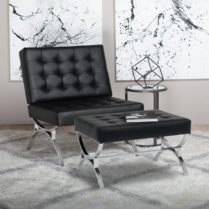 Newel Modern Square Ottoman Blended Leather and Chrome Metal Frame, Chrome / Black 72050