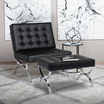 Newel Modern Square Ottoman Blended Leather and Chrome Metal Frame, Chrome / Black 72050