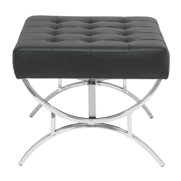 Newel Modern Square Ottoman Blended Leather and Chrome Metal Frame, Chrome / Black 72050