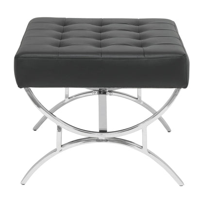 Newel Modern Square Ottoman Blended Leather and Chrome Metal Frame, Chrome / Black 72050