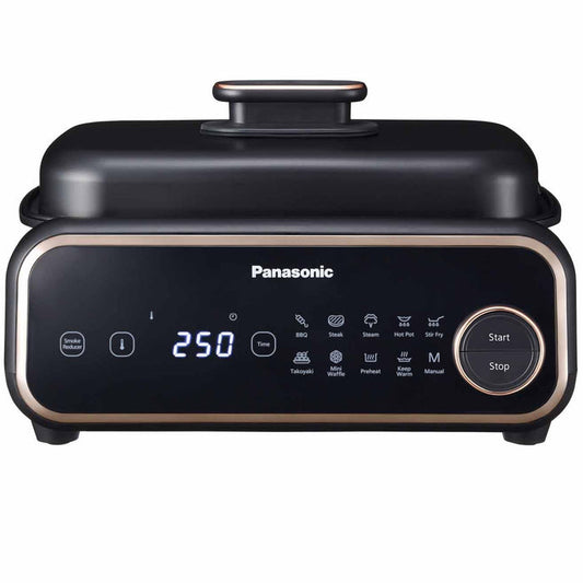 Black Panasonic kitchen appliance with digital display on a white background