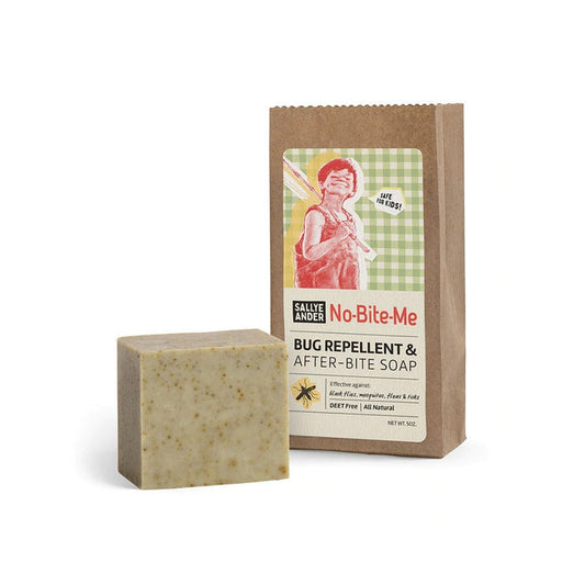 Sallye Ander Bug repellent and after-bite soap with packaging on a white background