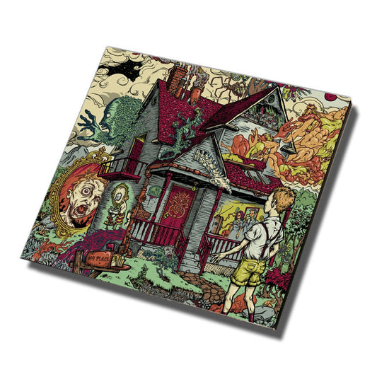 A surreal illustration inspired by A Lot Like Birds’ No Place: a red-roofed house amid bizarre creatures and swirling patterns, as a backpacked boy gazes on—colorful chaos like a fantastical CD tracklist brought to life.