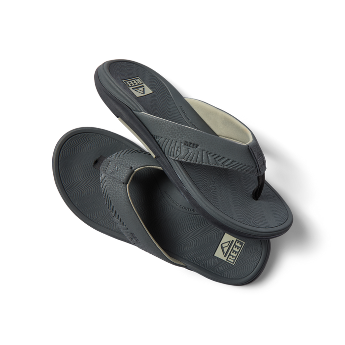 Pair of Offshore men's grey flip flops facing right showing top and side with extra cushioning and arch support