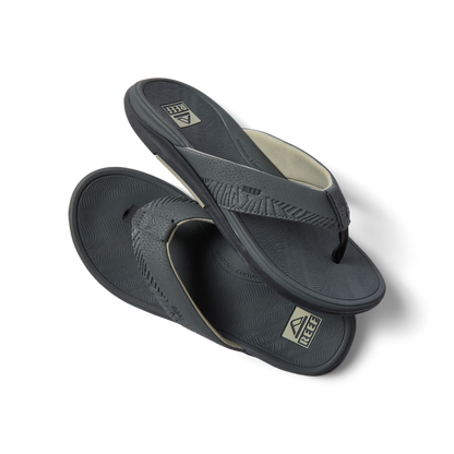 Pair of Offshore men's grey flip flops facing right showing top and side with extra cushioning and arch support