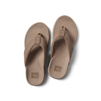 Offshore men's tan sandals top view showing soft-rebound cushioned footbed and anatomical arch support, beach-inspired comfort.