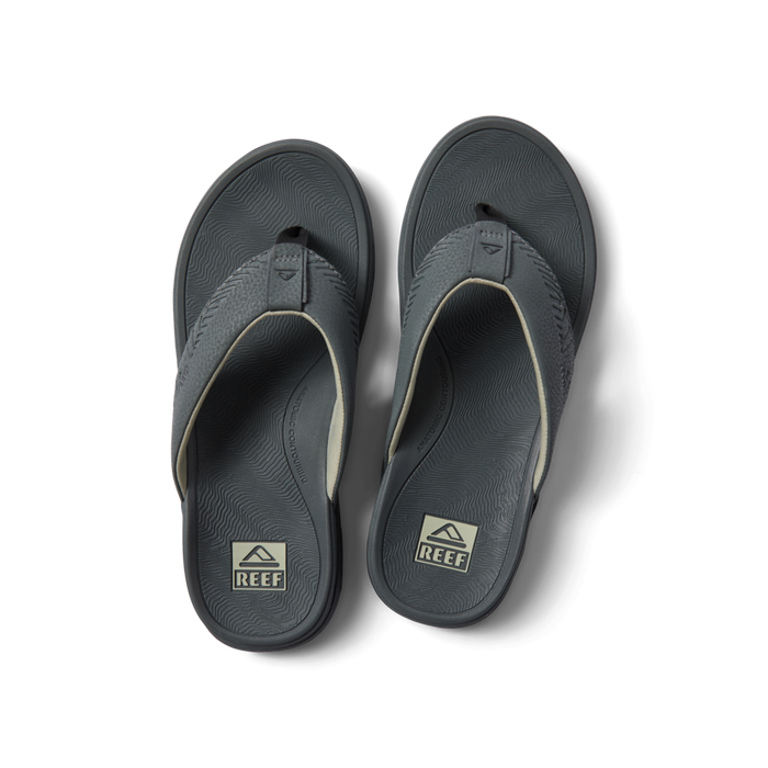 Offshore men's grey flip flops top view, facing up, featuring arch support and extra cushioning for beach comfort.