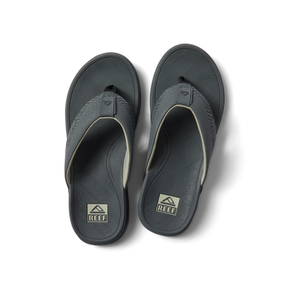 Offshore men's grey flip flops top view, facing up, featuring arch support and extra cushioning for beach comfort.