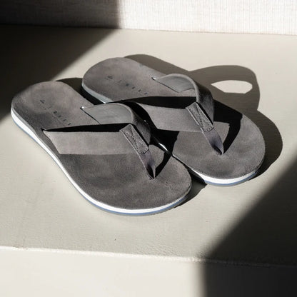 Ojai Classic men's grey flip flops facing upward showing top straps and soft-rebound cushioned footbed for comfort.
