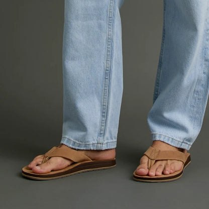 Ojai Classic tan sandals on men's feet facing forward, featuring comfort cushioning and anatomical arch support.