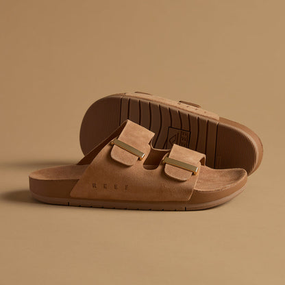Ojai Two Bar women's tan sandals facing right with dual straps, soft cushioning, and durable slip-resistant sole visible.