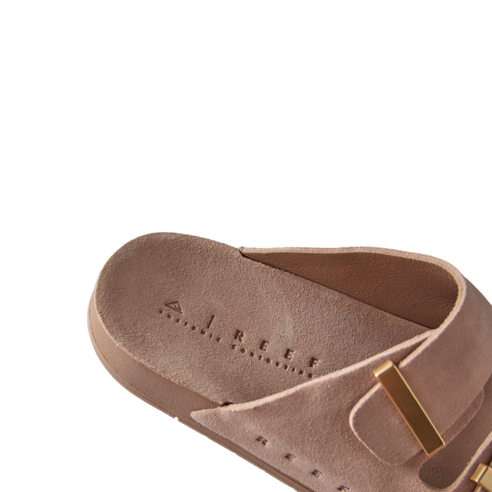 Close-up of the left Ojai Two Bar sandal in warm taupe facing left, showing cushioned footbed and comfort design.