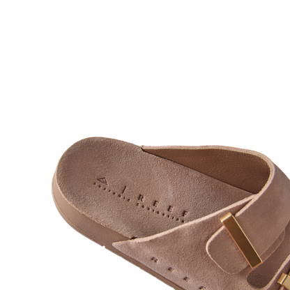 Close-up of the left Ojai Two Bar sandal in warm taupe facing left, showing cushioned footbed and comfort design.