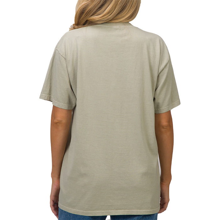 Woman wearing On My Mind Boyfriend Tee in desert sage, back view, relaxed fit showcasing comfortable casual apparel.