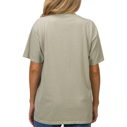 Woman wearing On My Mind Boyfriend Tee in desert sage, back view, relaxed fit showcasing comfortable casual apparel.