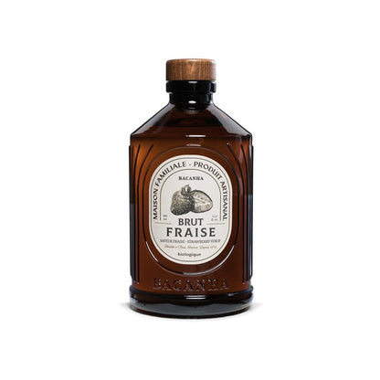 Front view of bottle of Bacanha Strawberry syrup.
