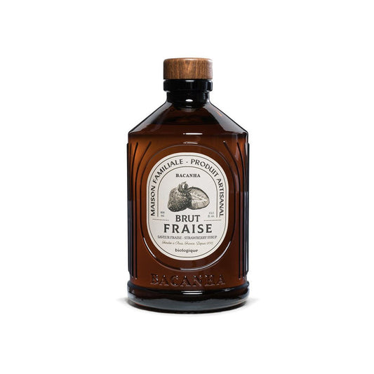 Front view of bottle of Bacanha Strawberry syrup.