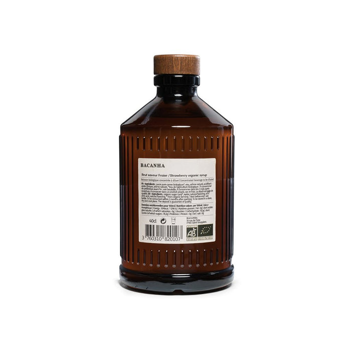 Back view of bottle of Bacanha Strawberry syrup.