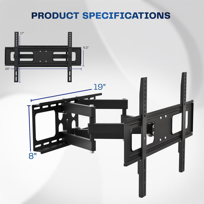 Black full motion TV wall mount with adjustable arms for mounting televisions to the wall.