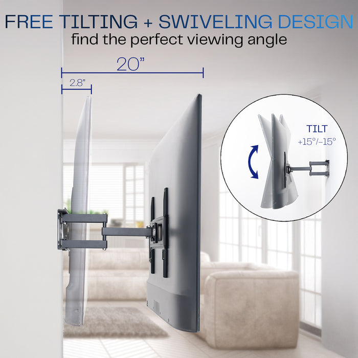 Black full motion TV wall mount with adjustable arms for mounting televisions to the wall.