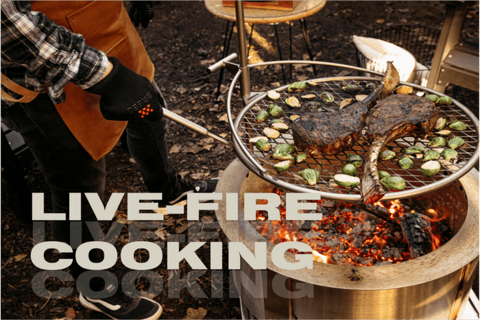 An image of Outpost 24 attached to an X Series firepit and used for grilling.