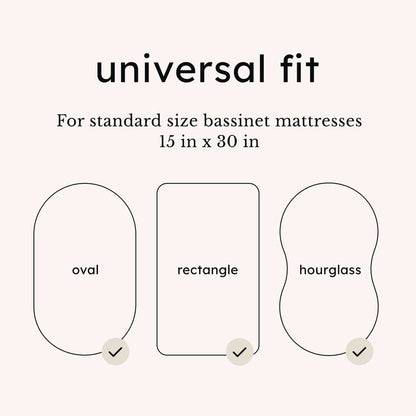 Universal fit sizing guide for standard size bassinet mattress shapes